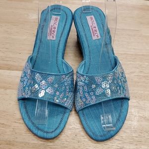 Bolaro Aqua Sequined Slide Low Wedge Sandals 8.5